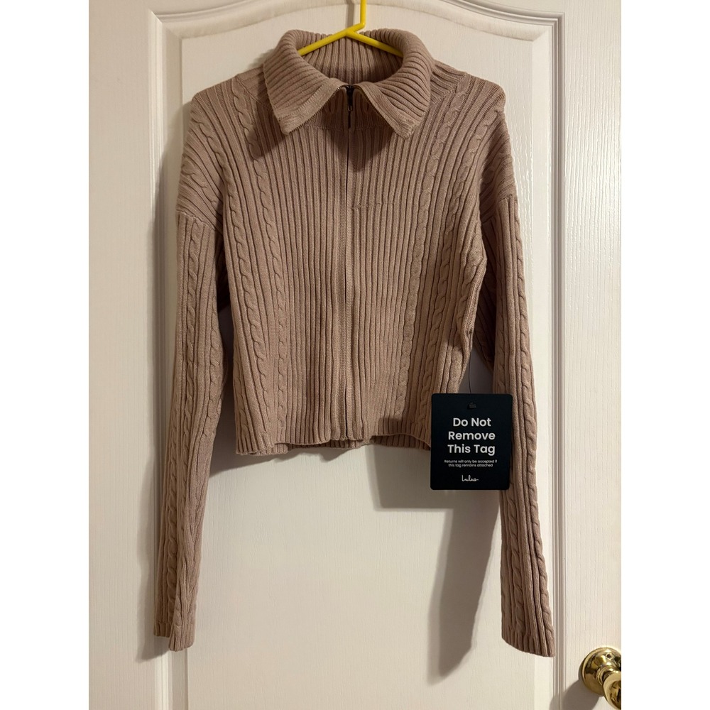 Lulus Tan Cable Knit Zip-Up Cropped Sweater Collared Ribbed Cardigan Large NEW